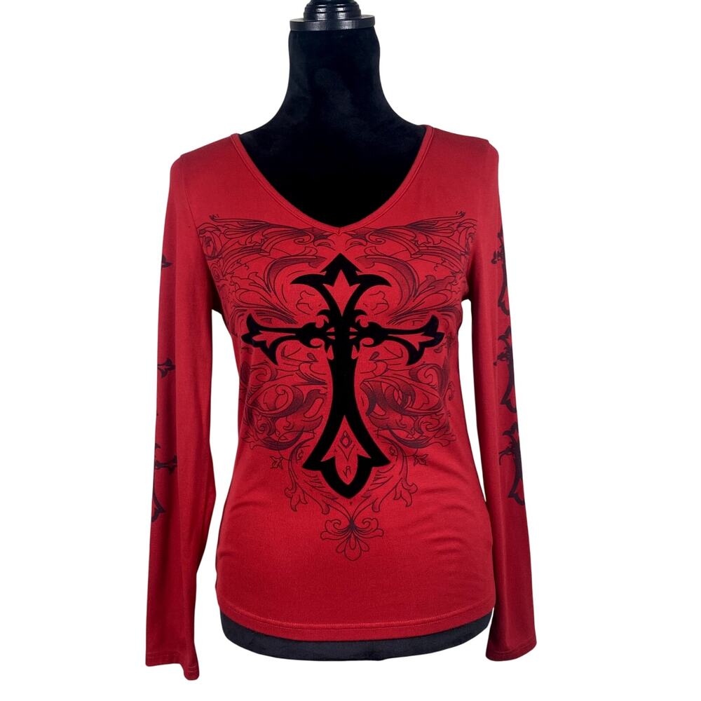 red v-neck cross grunge mallgoth alt emo goth punk y2k style AOP long sleeve S